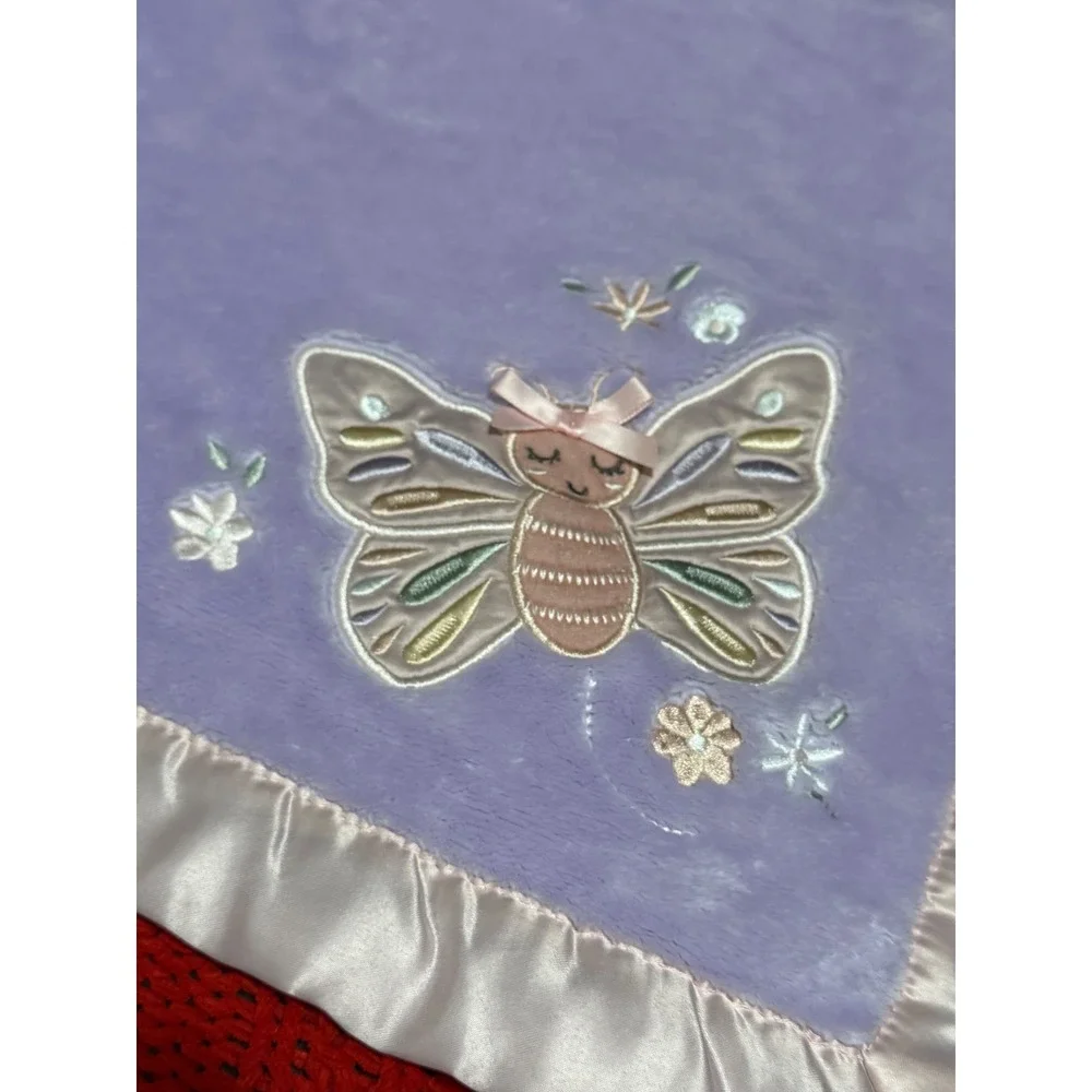 Lullaby Lane Purple Butterfly Baby Blanket Pink Satin Ruffle Trim Plush Fleece